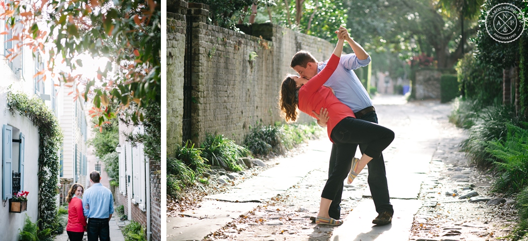downtown Charleston Engagement photos, expats meet in Sudan, expats meet in Africa! Southern engagement photos, how they met, how we met, Charleston wedding photographer, Aaron Nicholas Photography, destination wedding photographer, Cypress Garden's wedding, Jennifer Bussey and Bobby Bender, Samaritan's Purse couple, engagement posing in an alley, dancing in an alley