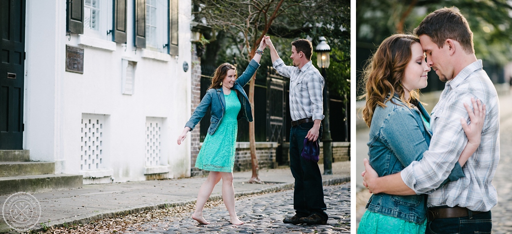 downtown Charleston Engagement photos, expats meet in Sudan, expats meet in Africa! Southern engagement photos, how they met, how we met, Charleston wedding photographer, Aaron Nicholas Photography, destination wedding photographer, Cypress Garden's wedding, Jennifer Bussey and Bobby Bender, Samaritan's Purse couple, engagement posing and dancing in the street