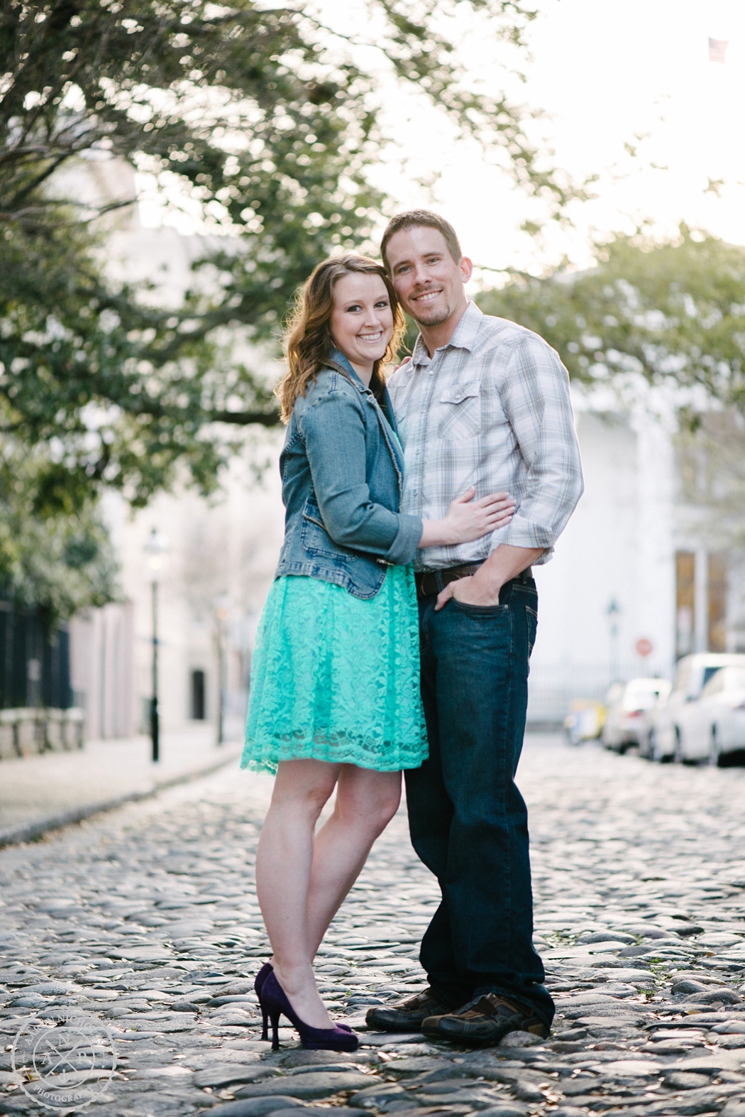 downtown Charleston Engagement photos, expats meet in Sudan, expats meet in Africa! Southern engagement photos, how they met, how we met, Charleston wedding photographer, Aaron Nicholas Photography, destination wedding photographer, Cypress Garden's wedding, Jennifer Bussey and Bobby Bender, Samaritan's Purse couple, engagement posing on cobblestone street