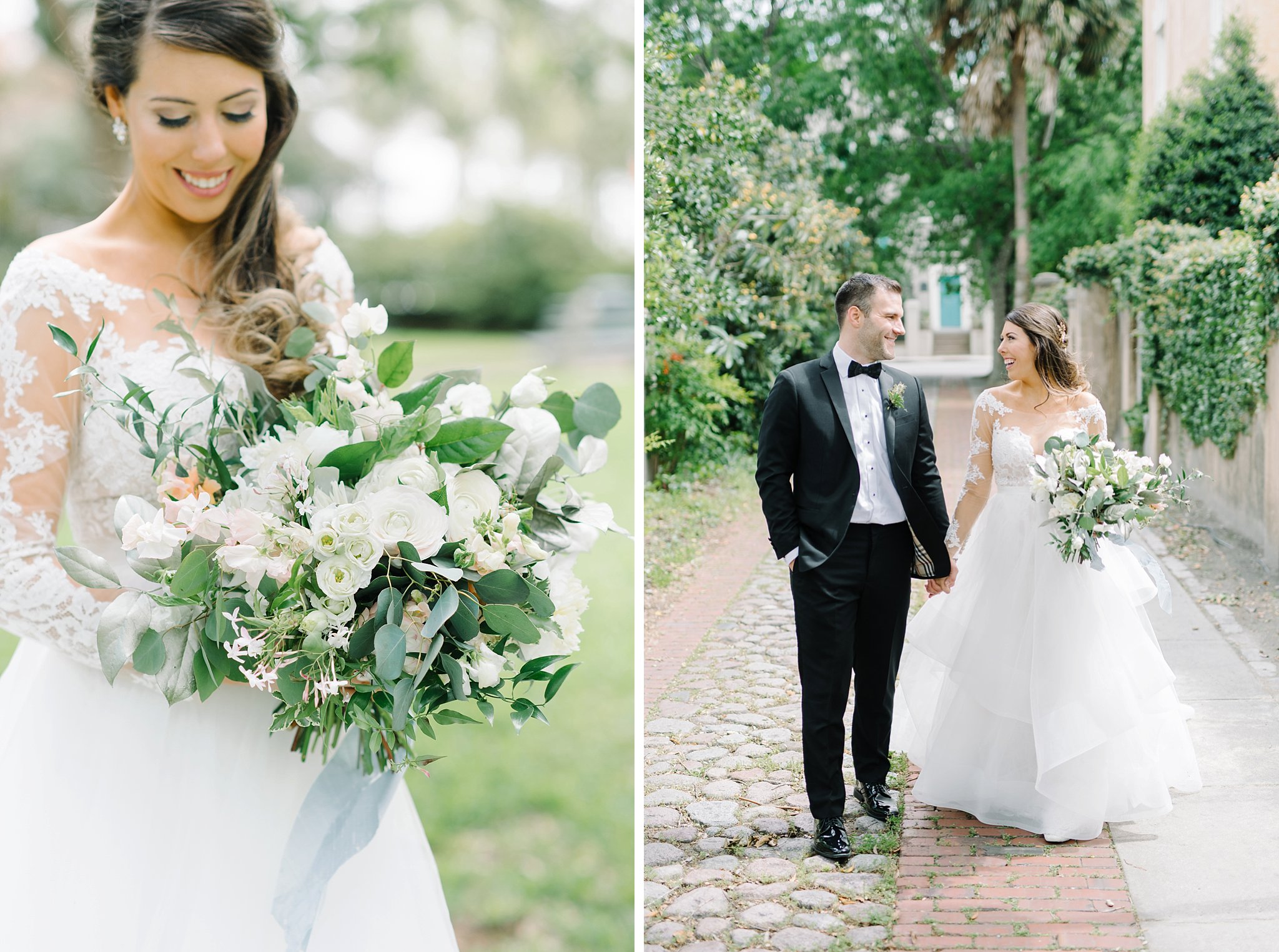 Bride and groom in downtown Charleston. Black tie wedding. Wedding gown with lace sleeves