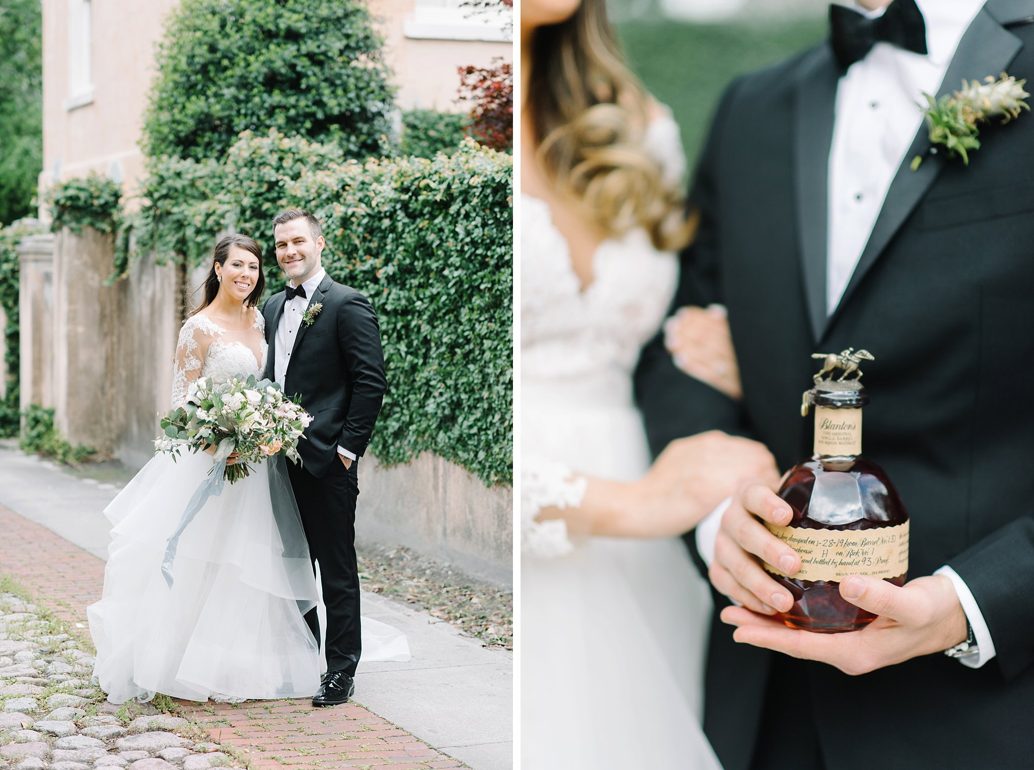 Bride and groom on a cobblestone street in downtown Charleston. Black tie wedding. Wedding gown with lace sleeves