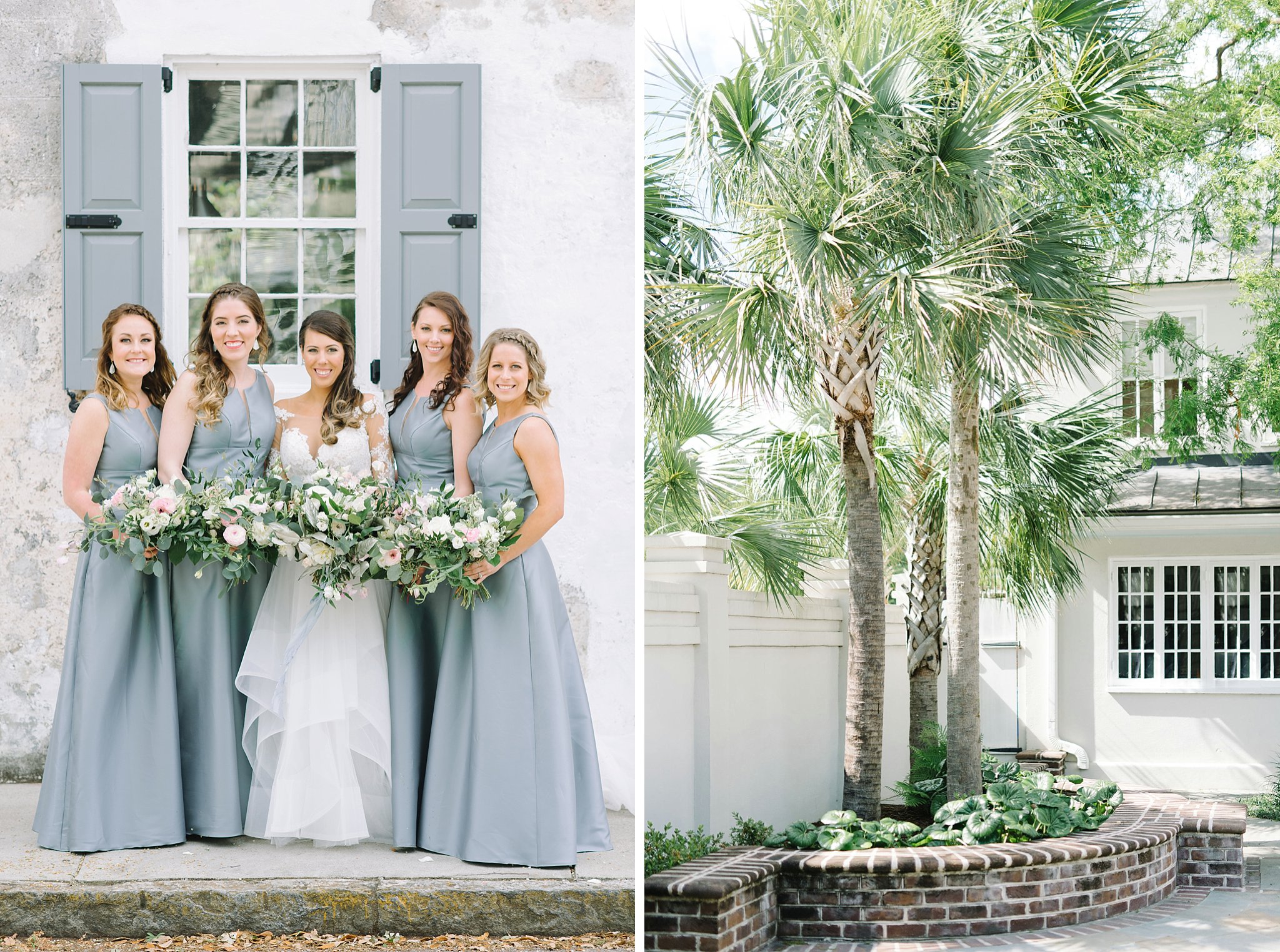 Bride and her four bridesmaid in downtown Charleston. Wedding gown with lace sleeves