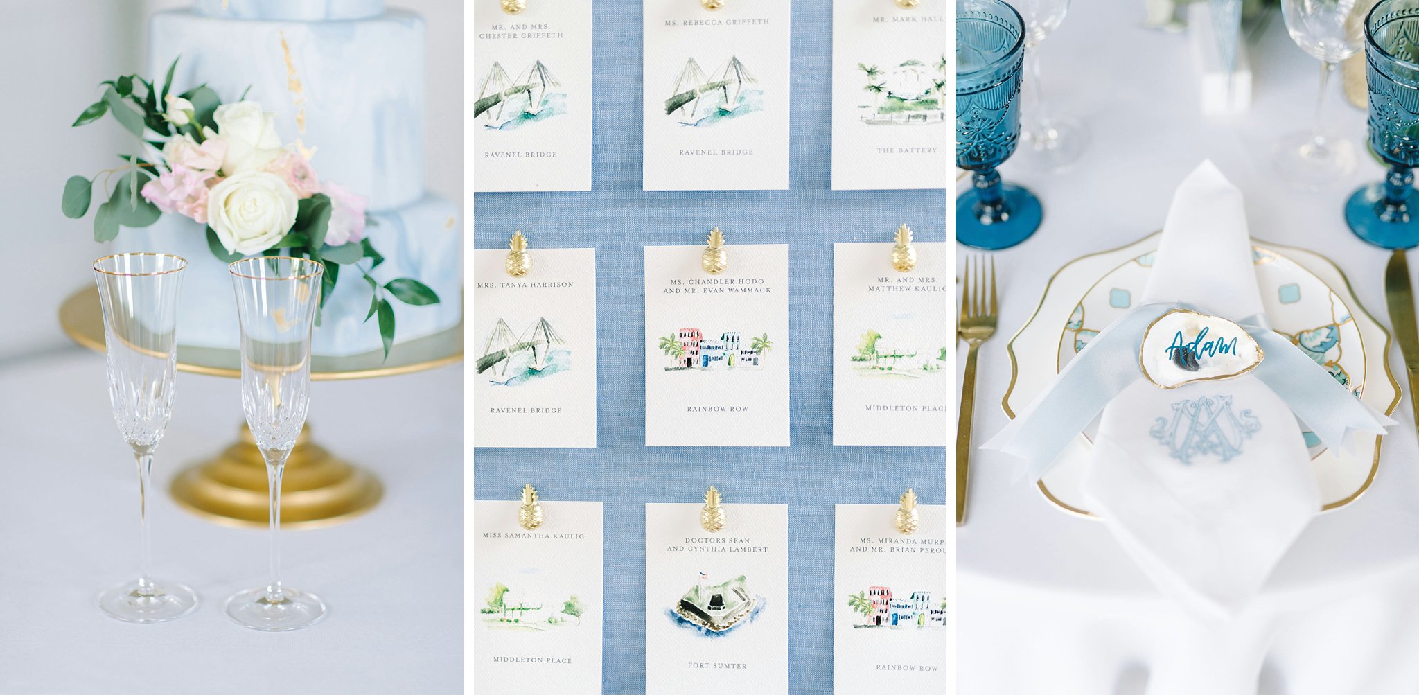 Hand painted escort cards, hand painted oyster shell place settings, monogrammed napkins, crystal champagne glasses, hand painted blue and gold wedding cake, mini pineapple push pins, gold rimmed china for a black tie Gadsden House wedding
