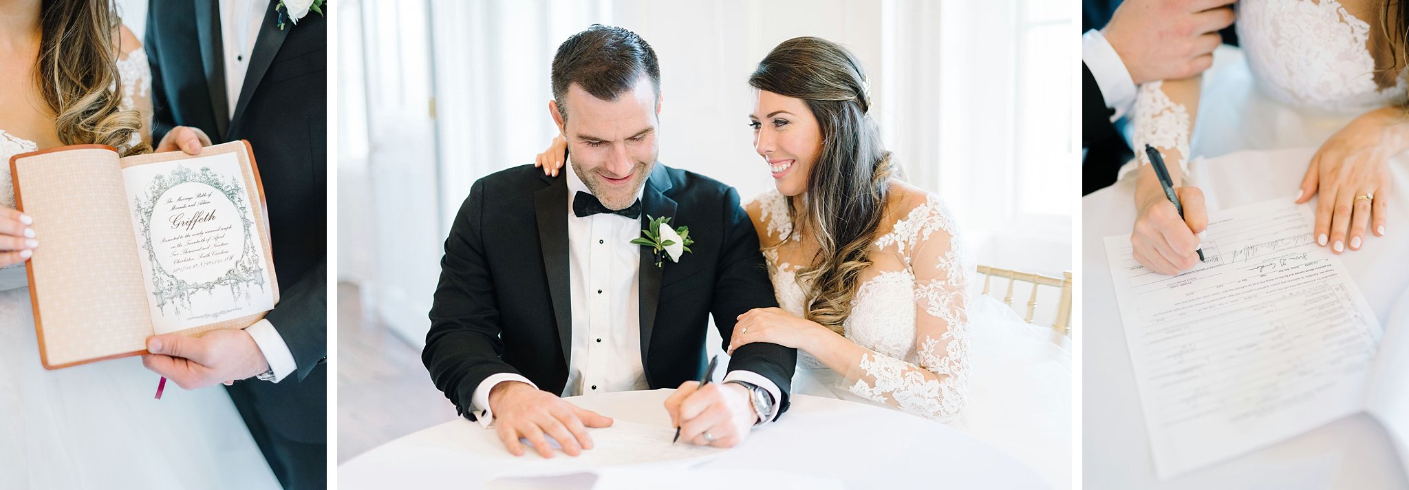 Bride and groom signing their marriage license