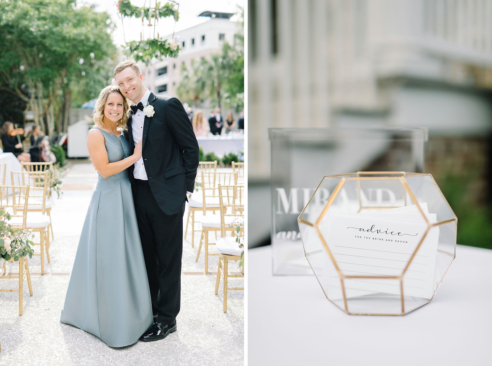 Advice cards to the bride and groom. Bridesmaid in light blue floor length gown for a black tie wedding at the Gadsden House