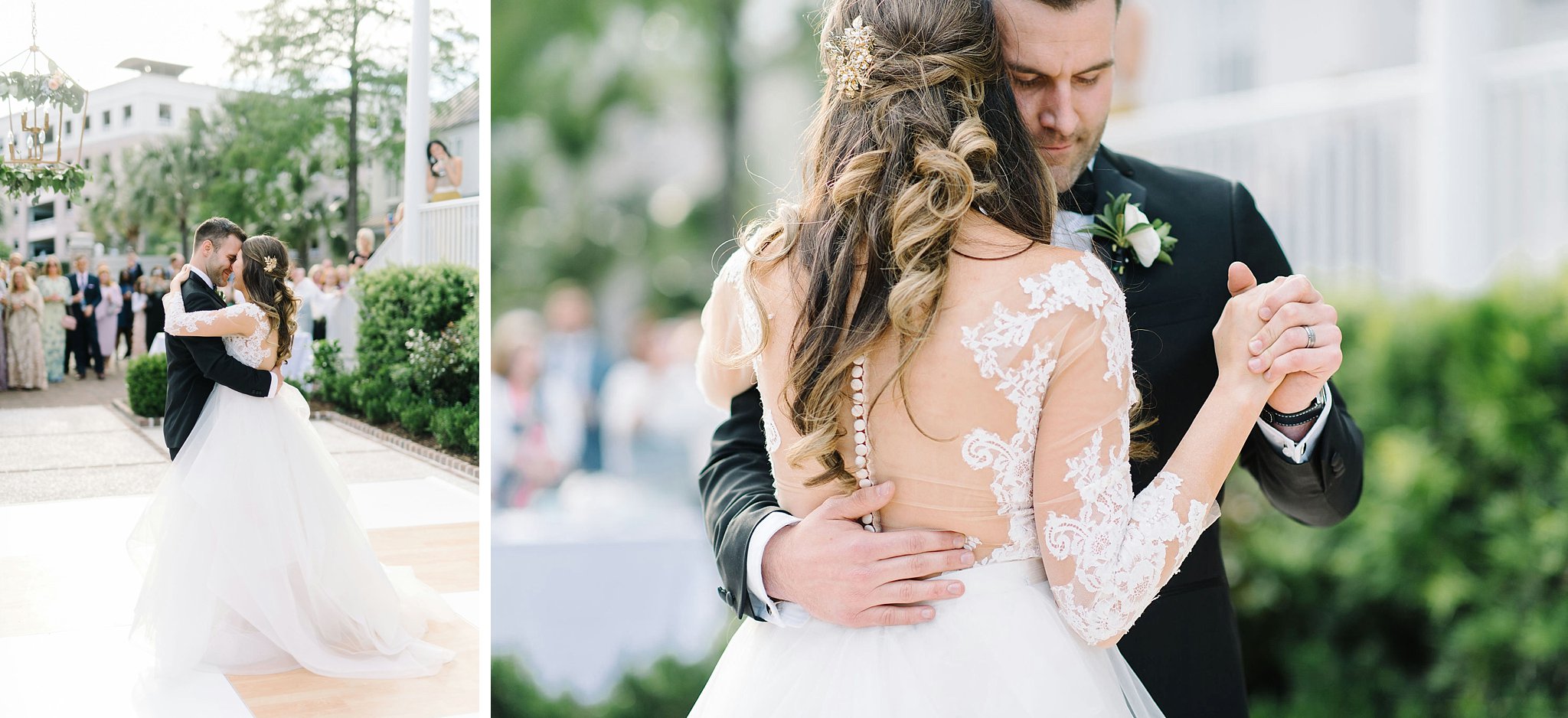 Bride and groom dancing at the Gadsden House. Wedding gown with lace sleeves