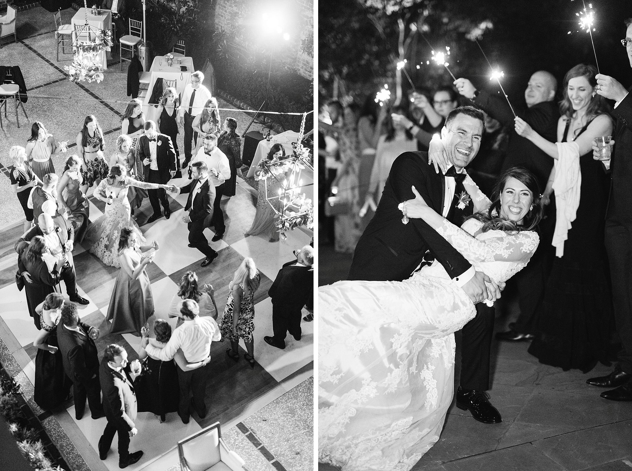 Dancing under cafe lights at The Gadsden House and a sparkler exit with a groom dipping the bride.