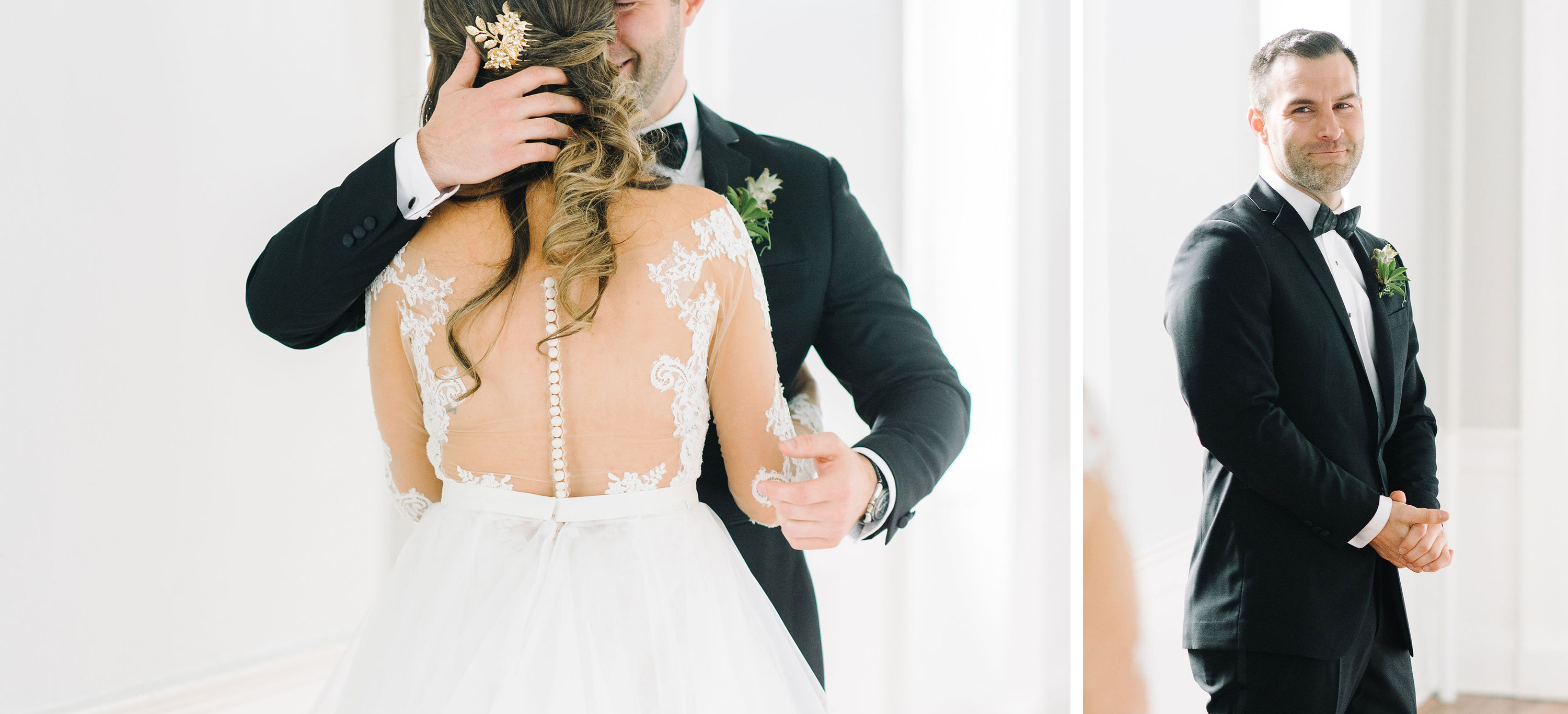 Groom hugging the bride during their first look