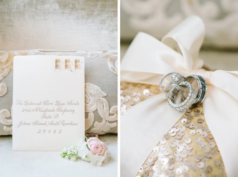 Historic Rice Mill wedding, by Aaron and Jillian Photography, wedding invitation envelope, wedding bands and engagement ring on the ring bearers pillow, Charleston Place bridal suite, Charleston wedding