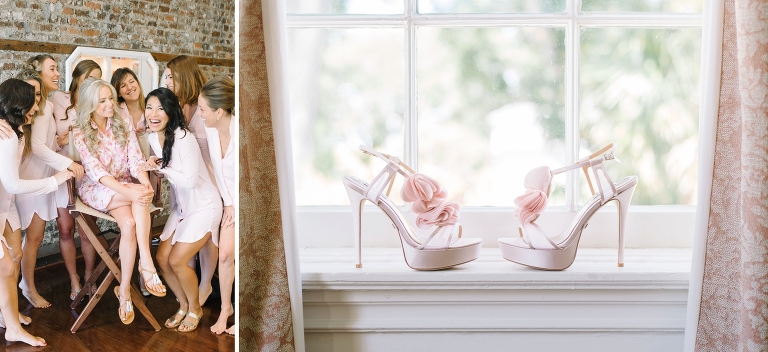 Pink Badgley Mischka heels for a at Lowndes Grove Plantation wedding by Aaron and Jillian Photography in Charleston, SC Bridesmaids in matching robes at Pink Dot Beauty Bar for a at Lowndes Grove Plantation wedding by Aaron and Jillian Photography in Charleston, SC lowndes-grove-wedding-by-charleston-wedding-photographer-aaron-and-jillian-photography_0020