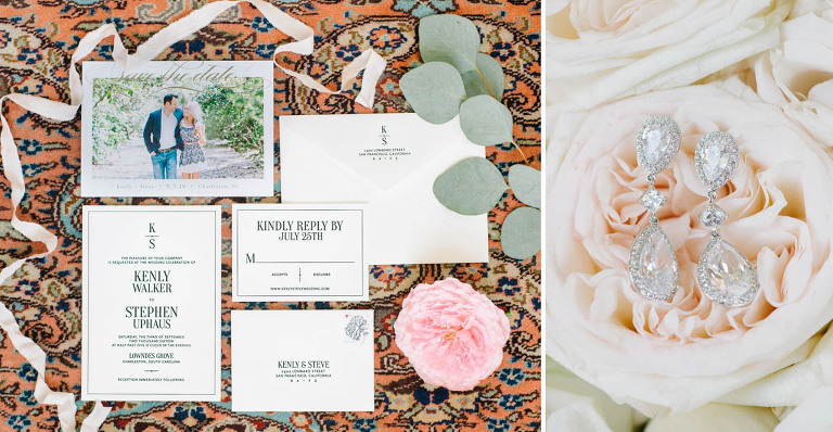 wedding Invitation suite and drop diamon earrings for a at Lowndes Grove Plantation wedding by Aaron and Jillian Photography in Charleston, SC wedding-invitation-suite