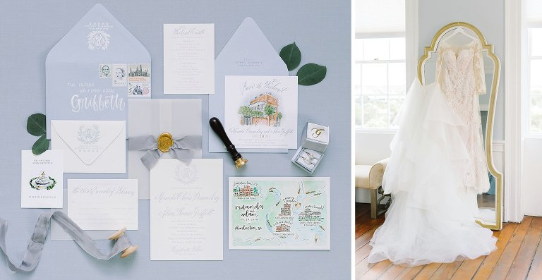 blue and white wedding invitation suite, custom wedding invitation with watercolor map for guests, watercolor of wedding venue, wedding gown with lace sleeves