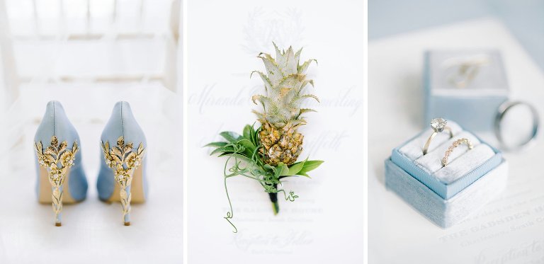 Light blue and gold harriett Wilde wedding heels, mini pinneapple boutineer, light blue velvet ring box for a black tie wedding in Charleston, SC.  Gadsden House wedding