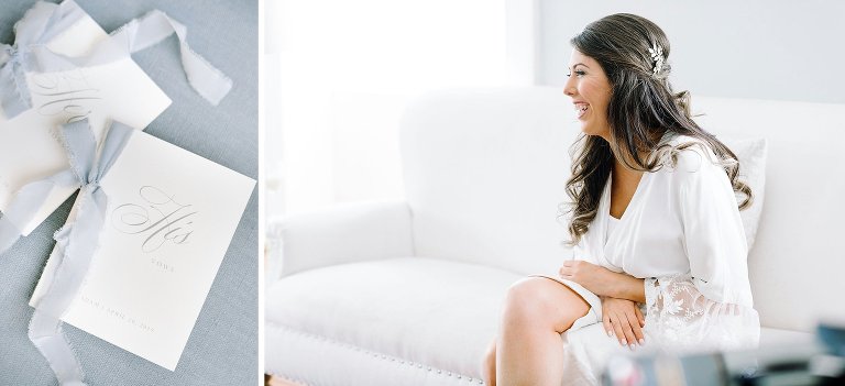 Bride laughing, his and hers vow books
