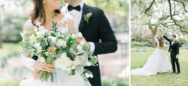 Bride and groom in downtown Charleston.  Black tie wedding.  Wedding gown with lace sleeves