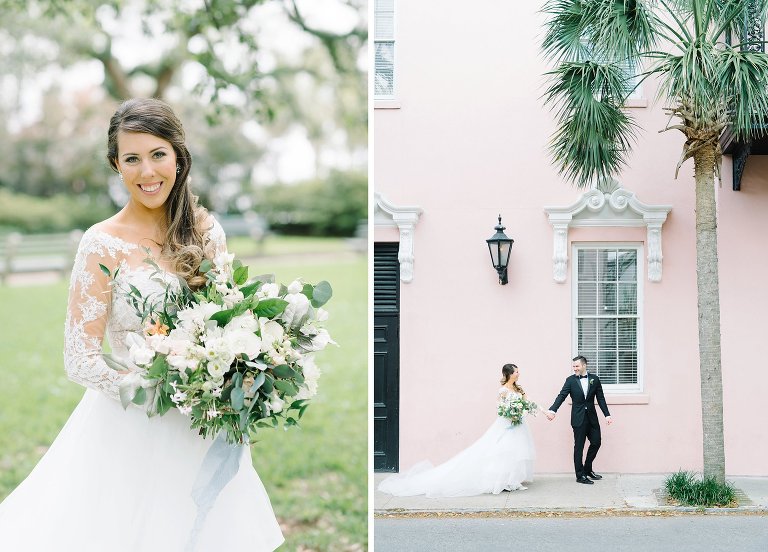 Bride and groom in downtown Charleston.  Black tie wedding.  Wedding gown with lace sleeves
