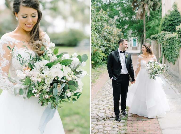 Bride and groom in downtown Charleston.  Black tie wedding.  Wedding gown with lace sleeves