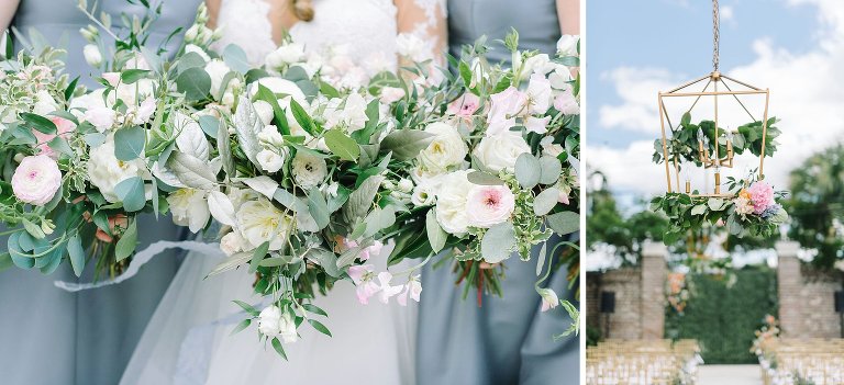 Light blue wedding gowns.  Bride and bridesmaid bouquet inspiration.  Chandelier covered in flowers and greenery at a Gadsden House wedding