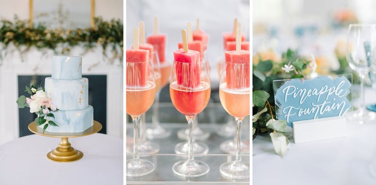 Boose pops for cocktail hour.  Wedding calligraphy for reception table.  Light blue and white painted wedding cake with gold splatter 