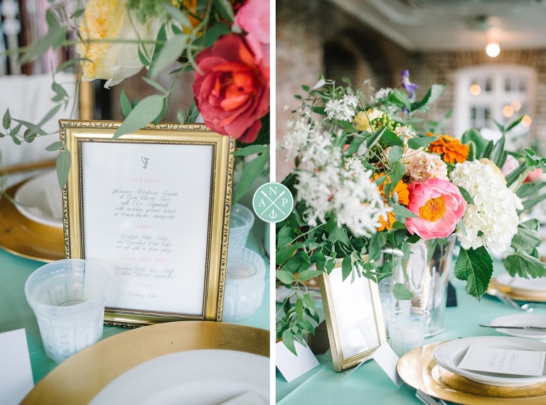 Tate and Davis's Historic Rice Mill Wedding by Charleston wedding photographers Aaron and Jillian Photography - Charleston Stems, reception decor, Southern wedding reception, gold chiavari chairs, mint linens, pink, yellow, white florals, gold chargers, dodeline designs, Southern Protocol