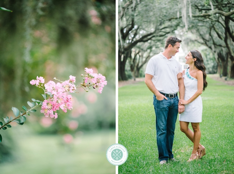 Couple in the Avenue of Oaks at The Legare Waring House. Engagement photos by Charleston wedding photographers Aaron and Jillian Photography