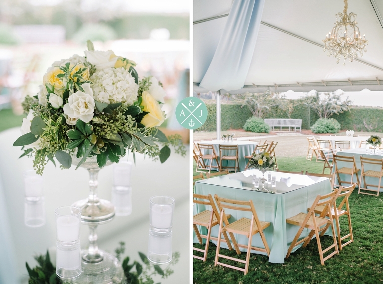 Ivory, light blue and green wedding reception decor, tented wedding reception with blue draping, chandeliers under a wedding tent, Charleston Wedding Photos by Aaron and Jillian Photography - Dunes West Wedding Reception and bridal party portraits