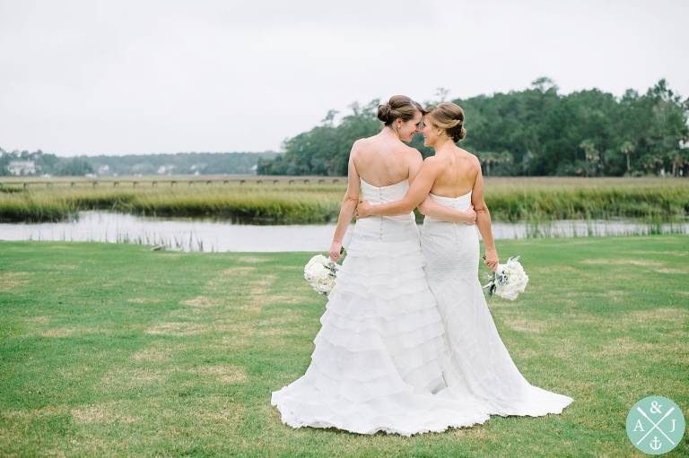 same sex wedding in charleston, 2 brides, how to pose 2 brides, Charleston Wedding Photos by Aaron and Jillian Photography - Dunes West Wedding Reception and bridal party portraits 18