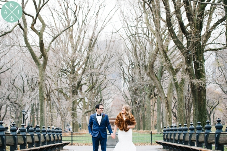 Bride and Groom photos in Central Park, fur shawl, maggie sotero dress, blue and black tux, Greek New York City Wedding by International Wedding Photographers Aaron and Jillian Photography - Charleston Wedding Photographers -1