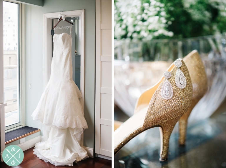 Maggie Sotero wedding dress in New York, gold sparkly heels, dangly bridal earrings, Greek New York City Wedding by International Wedding Photographers Aaron and Jillian Photography - Charleston Wedding Photographers -_0002