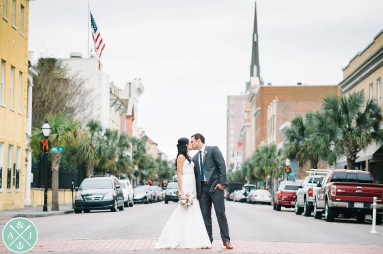Bride and groom on King Street, Bridal party on kind street in downtown Charleston, Scott and Lisa's William Aiken Wedding in Charleston, SC by Aaron and Jillian Photography Charleston wedding photographers in South Carolina -_0028