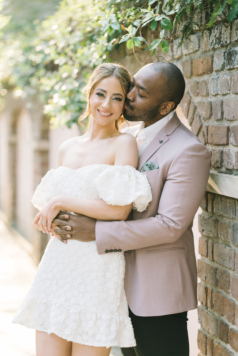 downtown Charleston engagement session, couple from London, what to wear to your engagement session, hair and makeup for engagement sessions, party pony