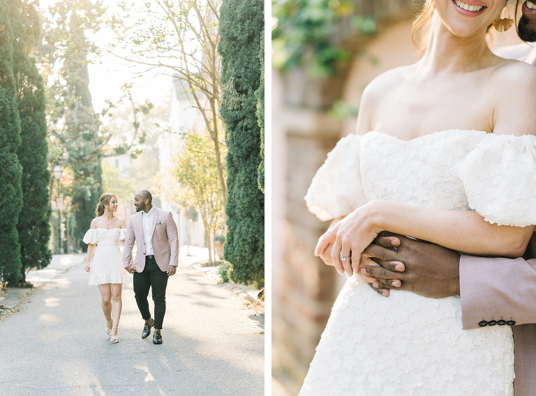 downtown Charleston engagement session, couple from London, what to wear to your engagement session, hair and makeup for engagement sessions, party pony