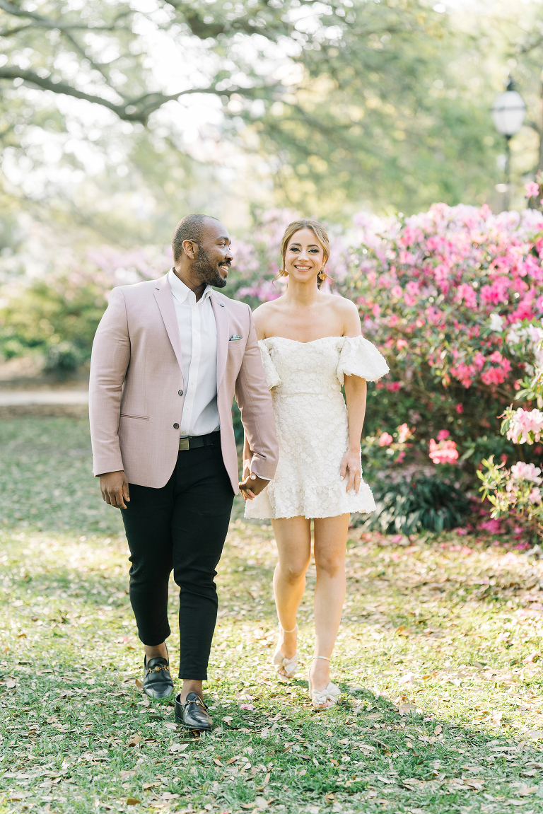 downtown Charleston engagement session, couple from London, what to wear to your engagement session, hair and makeup for engagement sessions, party pony