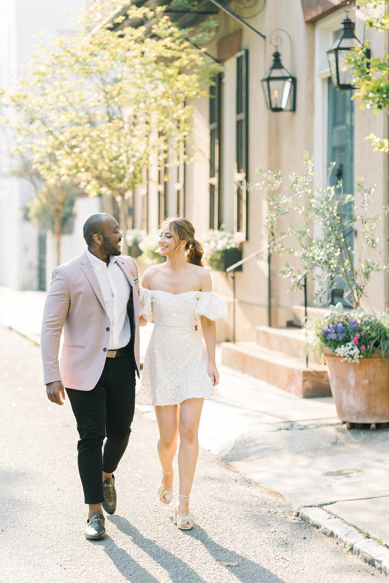 downtown Charleston engagement session, couple from London, what to wear to your engagement session, hair and makeup for engagement sessions, party pony