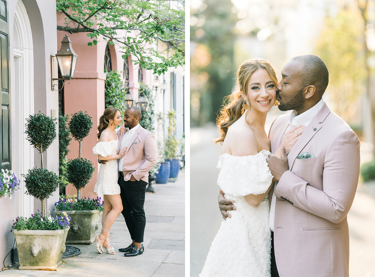 downtown Charleston engagement session, couple from London, what to wear to your engagement session, hair and makeup for engagement sessions, party pony