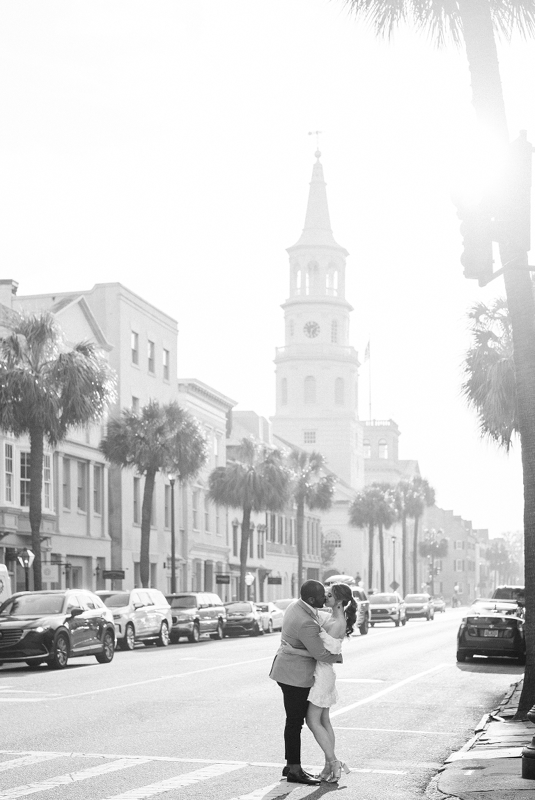 downtown Charleston engagement session, couple from London, what to wear to your engagement session, hair and makeup for engagement sessions, party pony