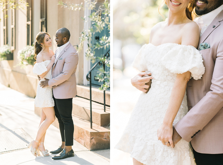 downtown Charleston engagement session, couple from London, what to wear to your engagement session, hair and makeup for engagement sessions, party pony