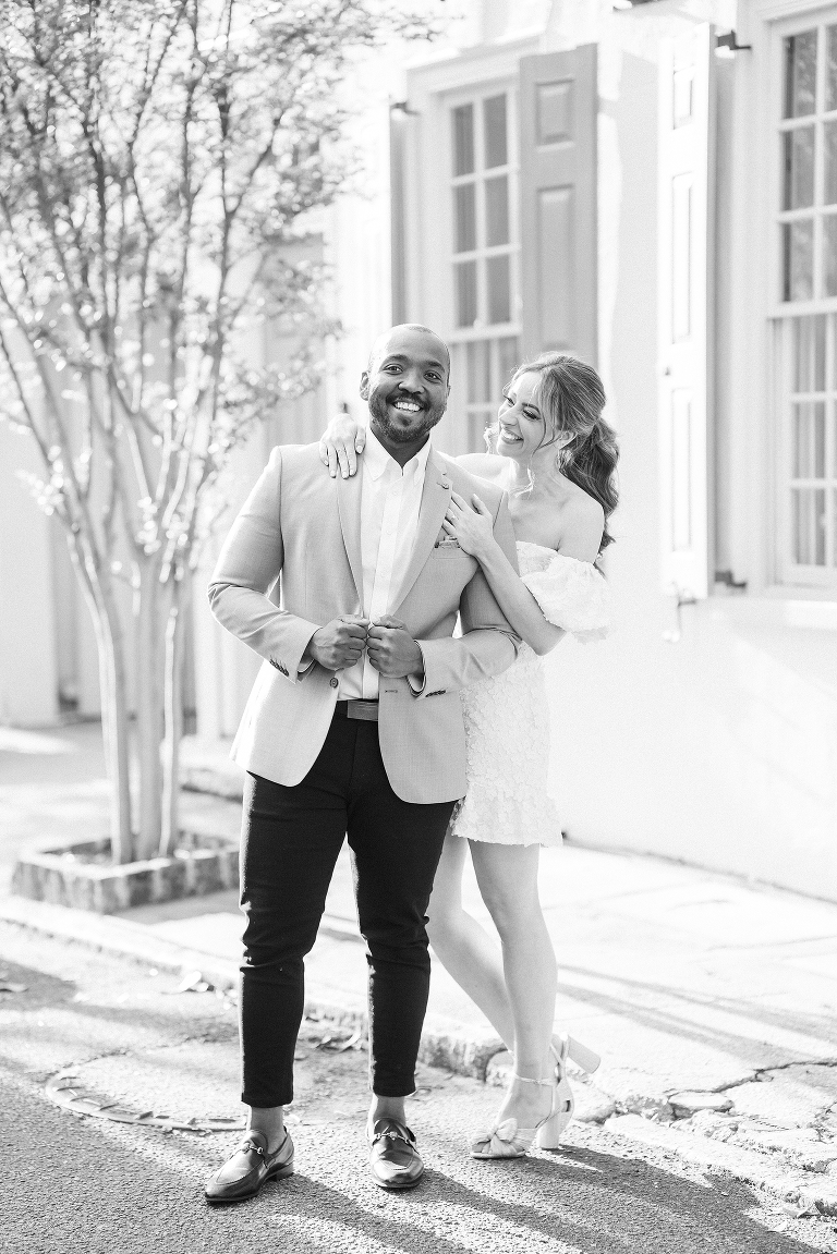 downtown Charleston engagement session, couple from London, what to wear to your engagement session, hair and makeup for engagement sessions, party pony