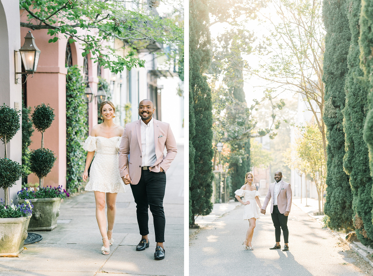 downtown Charleston engagement session, couple from London, what to wear to your engagement session, hair and makeup for engagement sessions, party pony