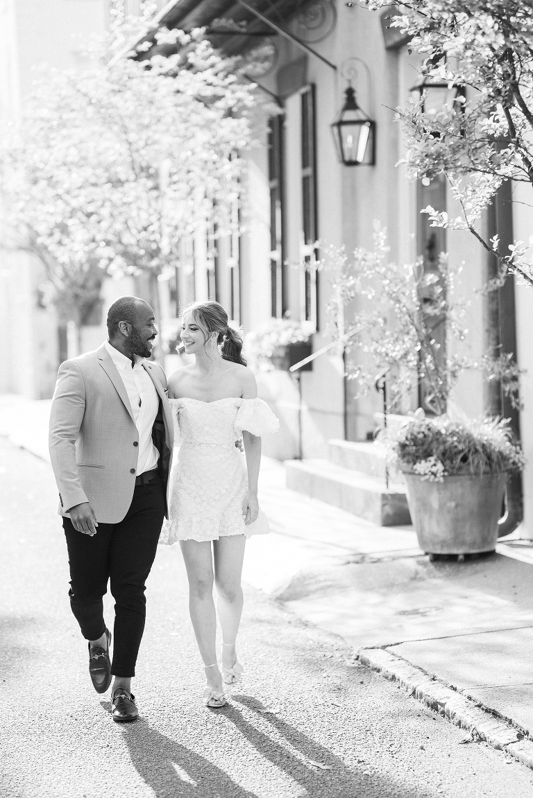 downtown Charleston engagement session, couple from London, what to wear to your engagement session, hair and makeup for engagement sessions, party pony